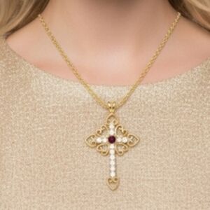 Lindenwold Vintage Gold Filigree Cross Necklace Purple Crystal Gothic NWT